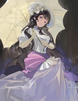 Rule 34 | 1girl, absurdres, black hair, commentary, ddul (hauluimubingoj1), dress, english commentary, feet out of frame, flower, gloves, gown, grey background, hair flower, hair ornament, hands up, hat, highres, holding, holding umbrella, isolde (reverse:1999), juliet sleeves, long dress, long hair, long sleeves, looking at viewer, parted lips, puffy sleeves, purple eyes, reverse:1999, solo, umbrella, umbrella over shoulder, very long hair, wavy hair, white dress, white hat, yellow gloves, yellow umbrella