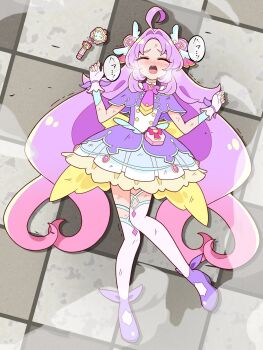 Rule 34 | 1girl, ahoge, akechi anna, back bow, bow, brooch, capelet, closed eyes, commentary, cure answer, defeat, dirty, dirty clothes, dirty face, double bun, dress, fingerless gloves, flat chest, frilled dress, frills, from above, gloves, gradient hair, hair bun, hair intakes, hair ornament, heart, heart brooch, highres, impossible hair, jewelry, large bow, layered gloves, long hair, lying, magical girl, meitantei precure!, multicolored hair, on back, on ground, open mouth, pact holder, pink hair, pre-kit mirror loupe, precure, purple bow, purple capelet, purple dress, purple hair, purple shoes, shichigo (shichigofight75), shoes, short dress, solo, thighhighs, unconscious, very long hair, white gloves, white thighhighs, wing hair ornament, yellow bow