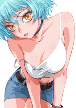 1girl bare_shoulders blue_hair breasts camisole cleavage collarbone commentary_request crop_top denim denim_skirt eyelashes highres large_breasts leaning_forward looking_at_viewer miniskirt navel orange_eyes original parted_lips short_hair skirt solo white_camisole yui_toshiki