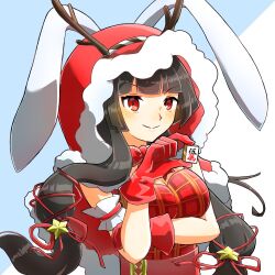 Rule 34 | 1girl, animal ears, arm up, black hair, blue background, blunt bangs, blush, bow, bowtie, breasts, cleavage, closed mouth, commentary request, fur-trimmed hood, fur trim, gloves, holding, holding mahjong tile, hood, ibispaint (medium), jimuin ao, kaguyahime (mahjong soul), long hair, looking at viewer, mahjong, mahjong soul, mahjong tile, medium bangs, medium breasts, plaid, plaid shirt, rabbit ears, rabbit girl, red bow, red bowtie, red eyes, red gloves, red hood, red shirt, shirt, sidelocks, sleeveless, sleeveless shirt, smile, solo, two-tone background, upper body, v-shaped eyebrows, white background