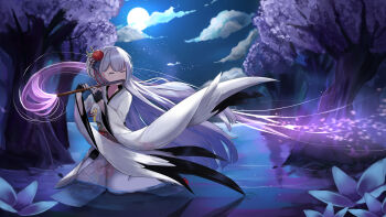 1girl absurdres azur_lane closed_eyes cloud commentary english_commentary floral_print floral_print_kimono flower flute full_moon hair_flower hair_ornament highres instrument japanese_clothes kimono lemontea_(ekvr5838) long_hair long_sleeves magic mole mole_under_eye moon music night playing_flute playing_instrument print_kimono red_flower sash shoukaku_(azur_lane) solo tree very_long_hair wading water white_hair white_kimono wide_sleeves