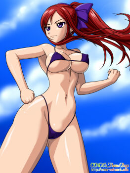 1girl bikini breasts cleft_of_venus earrings erza_scarlet fairy_tail female_focus highleg highleg_bikini jewelry large_breasts long_hair micro_bikini onoe ponytail purple_eyes red_hair solo swimsuit