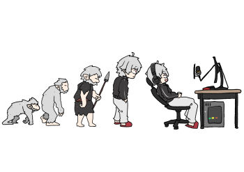 5boys ahoge all_fours ape barefoot black_jacket body_fur caveman chair closed_eyes closed_mouth computer computer_keyboard computer_tower controller desk evolutionary_line fang from_side full_body fur_(clothing) game_controller gaming_chair grey_fur grey_hair grey_pants hands_in_pockets headphones highres holding holding_polearm holding_weapon hunched_over jacket jitome kuzuha_(1st_costume)_(nijisanji) kuzuha_(nijisanji) leaning_back mabushi microphone monitor multiple_boys nijisanji on_chair open_mouth pants playing_games playing_video_games pointy_ears polearm red_eyes sidelocks simple_background slippers spear swivel_chair track_jacket virtual_youtuber weapon white_background