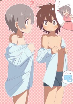 Rule 34 | +++, 2boys, :|, ?, ^^^, ^ ^, absurdres, artist name, bambi2000line, bare shoulders, belt, blue male underwear, boxers, brown eyes, brown hair, changing clothes, closed eyes, closed mouth, collarbone, commentary, dress, grey hair, hair between eyes, highres, implied erection, looking at another, male focus, male underwear, multiple boys, navel, no pants, onii-chan wa oshimai!, open clothes, open shirt, outline, pink background, pink dress, polka dot, polka dot background, sakurada yuuta, senkawa minato, shirt, simple background, speech bubble, thought bubble, translated, trap, underwear, undressing, white outline, white shirt, yaoi