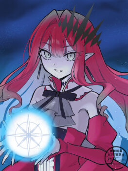 1girl aozaku_(hatake_no_niku) baobhan_sith_(fate) baobhan_sith_(first_ascension)_(fate) bare_shoulders commentary_request detached_sleeves dress earrings fate/grand_order fate_(series) grey_eyes jewelry long_hair looking_at_viewer pointy_ears red_dress red_hair solo watermark