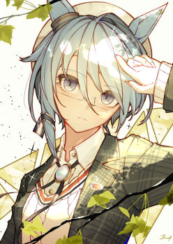 1girl absurdres animal_ears beret blue_eyes blue_hair collared_shirt commentary_request glasses gloves hair_between_eyes hat highres horse_ears horse_girl jacket k.s.miracle_(autumn_color_andante)_(umamusume) k.s.miracle_(umamusume) leaf long_sleeves looking_at_viewer neck_ribbon parted_lips plaid_clothes plaid_jacket ribbon shikahisa_totani shirt short_hair solo umamusume upper_body white_gloves white_hat white_shirt
