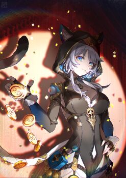 1girl absurdres animal_ears animal_hood black_gloves black_leotard blue_eyes breasts cat_ears cat_girl cat_hood cat_tail cipher_(honkai:_star_rail) coin commentary_request fang fingerless_gloves gloves gold_coin grey_hair highres honkai:_star_rail honkai_(series) hood hooded_leotard leotard medium_breasts mole mole_under_eye short_hair_with_long_locks short_shorts shorts skin_fang solo spotlight tail tongyu white_shorts yellow_nails