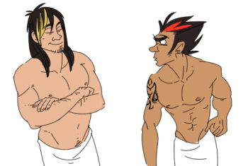 Rule 34 | 2012, 2boys, abs, arm tattoo, beard, biceps, closed eyes, comparison, crossed arms, earrings, facial hair, humanization, jewelry, kamen rider, kamen rider den-o (series), kintaros, male focus, momotaros, multiple boys, muscle envy, muscular, muscular male, partially undressed, pectorals, red streaks, sketch, spiked hair, tan, tattoo, thick eyebrows, towel, towel around waist, untied hair, yellow streaks