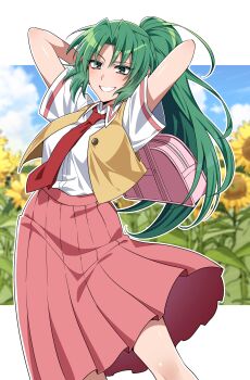 1girl absurdres arms_behind_head bag closed_mouth colored_eyelashes commentary_request flower green_eyes green_hair highres higurashi_no_naku_koro_ni holding holding_bag kamenozoki_momomo long_hair looking_at_viewer necktie partial_commentary pink_bag pink_skirt pleated_skirt ponytail red_necktie school_uniform shirt short_sleeves skirt solo sonozaki_mion sunflower vest white_shirt yellow_vest