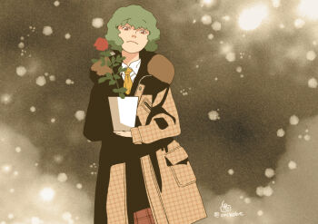 1girl ascot blurry bokeh brown_background brown_coat closed_mouth coat collared_shirt commentary_request cowboy_shot depth_of_field flower flower_pot green_hair holding holding_flower_pot kazami_yuuka long_sleeves looking_at_viewer onikobe_rin plaid_clothes plaid_coat red_eyes red_flower shirt short_hair smile solo touhou white_shirt yellow_ascot