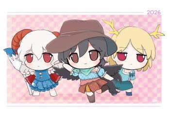 2026 3girls antlers azuma_meri bandana black_wings blonde_hair blue_shirt blush brown_eyes brown_hair brown_hat chibi chibi_only closed_mouth commentary_request cowboy_hat dragon_girl eye_print fumo_(doll) grey_hair hat highres holding holding_spork horns kicchou_yachie kurokoma_saki leg_up long_hair looking_at_viewer multiple_girls red_eyes red_horns red_sleeves sheep_horns shirt short_sleeves smile spork touhou toutetsu_yuuma utensil wings yellow_horns