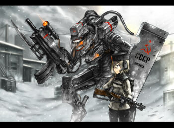 1girl communism drum_magazine gia grey_eyes gun hammer_and_sickle letterboxed magazine_(weapon) original robot snow soviet submachine_gun teeth ussr weapon white_hair xenomorph