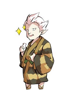 Rule 34 | 1boy, alphes (style), black eyes, bottle, commentary request, dairi, full body, hand on own stomach, holding, holding bottle, japanese clothes, kimono, large variant set, male focus, old, old man, parody, pointy ears, sandals, short hair, solo, standing, striped clothes, striped kimono, style parody, tachi-e, touhou, transparent background, uwabami (touhou), variant set