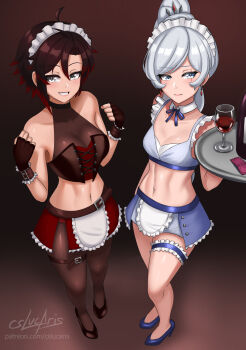 2girls ahoge alcohol alternate_costume arm_at_side bare_shoulders black_choker black_footwear black_gloves blue_eyes blue_footwear blue_ribbon blue_skirt bottle breasts brown_pantyhose choker cleavage closed_mouth condom condom_wrapper corset crop_top cslucaris cup detached_collar drinking_glass earrings enmaided fingerless_gloves frilled_thigh_strap frills full_body furrowed_brow gloves grey_eyes grin hands_up high_heels highres holding holding_tray jewelry looking_at_viewer maid maid_headdress medium_breasts midriff multiple_girls navel neck_ribbon pantyhose patreon_username ponytail red_hair red_skirt ribbon ruby_rose rwby scar scar_across_eye scar_on_face signature skirt small_breasts smile standing stomach swept_bangs thigh_strap thighs tiara tray watermark web_address weiss_schnee white_hair wine wine_bottle wine_glass