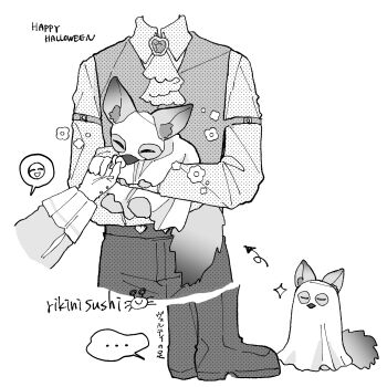 ... 2girls animal animal_focus animal_hug animalization arrow_(symbol) artist_name ascot bkornblume boots collared_shirt feeding fennec_fox flower ghost_costume gloves greyscale happy_halloween head_out_of_frame highres holding holding_animal monochrome multiple_girls multiple_views reverse:1999 rikini_sushi shirt sonetto_(reverse:1999) sparkle speech_bubble spoken_ellipsis spoken_emoji vertin_(reverse:1999) vest waistcoat