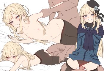 1boy 1girl absurdres ass beret black_hat black_panties black_pantyhose blonde_hair blue_dress blue_eyes blue_jacket blue_scarf blush boy_on_top breasts brown_gloves clothed_female_nude_male clothed_sex cowgirl_position cropped_jacket dress ebora erection face_in_pillow fate/grand_order fate_(series) flower fur_collar girl_on_top gloves grey_flower grey_rose grin hat hetero highres jacket long_hair long_sleeves looking_at_viewer lord_el-melloi_ii_case_files lying multiple_views navel nipples nude on_side on_stomach open_mouth panties pantyhose penis pillow prone_bone pussy reines_el-melloi_archisorte rose scarf sex sex_from_behind sidelocks small_breasts smile straddling thighs tilted_headwear topless_female torn_clothes torn_pantyhose uncensored underwear vaginal