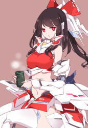 Rule 34 | 1girl, adapted costume, bow, breasts, brown hair, clothing request, hair bow, hair tubes, hakurei reimu, highres, long hair, long sleeves, mecha, medium breasts, midriff, navel, raptor7, red background, red bow, red eyes, red skirt, robot, sidelocks, skirt, solo, stomach, tea, touhou, white sleeves, wide sleeves