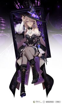 1girl :p absurdres bare_shoulders black_background black_dress black_hat black_pantyhose black_shoes black_sleeves breasts detached_sleeves dress glowing glowing_eyes gradient_background grey_hair hand_up hat herta_(honkai:_star_rail) highres honkai:_star_rail honkai_(series) long_hair looking_at_viewer ohkurrva pantyhose picture_frame purple_eyes shoes sitting small_breasts solo the_herta_(honkai:_star_rail) tongue tongue_out variant_set white_background witch_hat