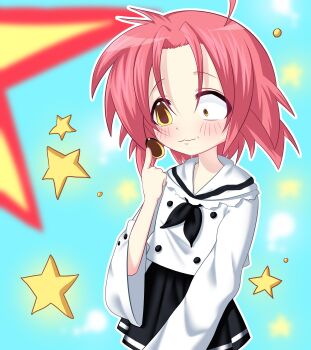 Rule 34 | 1girl, ahoge, black neckerchief, black skirt, blurry, blurry background, blush, buttons, contact lens, hashtag-only commentary, highres, kogami akira, lucky channel, lucky star, neckerchief, pink hair, pleated skirt, school uniform, shirt, short hair, skirt, spiked hair, star (symbol), triangle (tr11angl33), white shirt, yellow eyes