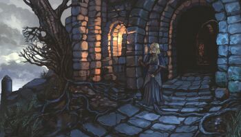 Rule 34 | 1girl, absurdres, bare tree, black capelet, black robe, blindfold mask, blonde hair, capelet, cloud, cloudy sky, commentary, dark souls (series), dark souls iii, english commentary, fire keeper, grey sky, highres, in-universe location, mask, meltted, outdoors, plant roots, robe, sky, solo, stairs, tree