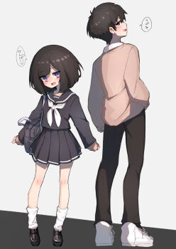 Rule 34 | 1boy, 1girl, absurdres, bag, black serafuku, black skirt, blush, bob cut, brown hair, commentary request, fukutchi, height difference, highres, kneehighs, kouhai-chan (fukutchi), medium hair, necktie, open mouth, original, pleated skirt, purple eyes, satchel, school uniform, serafuku, side-by-side, simple background, skirt, smile, socks, white necktie, white socks