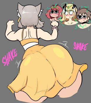 1boy 3girls animal_ears ass ass_focus ass_shake back bare_shoulders blonde_hair blush bracelet brown_hair cat_ears cat_girl dancing dress from_behind grey_background highres huge_ass jewelry jiggle lemonadepikachu motion_lines multiple_girls mythra_(xenoblade) nia_(xenoblade) pyra_(xenoblade) red_hair rex_(xenoblade) short_hair silver_hair sleeveless thick_thighs thighs watching wide_hips xenoblade_chronicles_(series) xenoblade_chronicles_2 yellow_dress