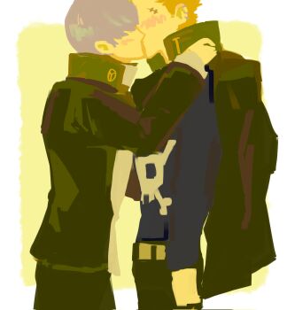 2boys black_jacket blonde_hair blush border commentary_request ear_piercing grey_hair hand_on_another's_shoulder highres jacket jacket_on_shoulders kiss long_sleeves longmong male_focus multiple_boys narukami_yu pants persona persona_4 piercing scar scar_on_face scar_on_forehead school_uniform shirt short_hair skull_and_crossbones skull_print tatsumi_kanji white_border yaoi yasogami_school_uniform yellow_background