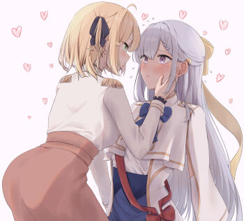 2girls anisphia_wynn_palettia black_ribbon blonde_hair blue_bow blue_bowtie blue_skirt blush bow bowtie closed_mouth commentary_request epaulettes euphyllia_magenta flying_sweatdrops green_eyes grey_hair hair_ribbon hand_on_another&#039;s_face heart highres jacket long_hair medium_hair multiple_girls pink_skirt purple_eyes ribbon sailor_collar shirt simple_background skirt smile tensei_oujo_to_tensai_reijou_no_mahou_kakumei tomakecha white_background white_jacket white_sailor_collar white_shirt yellow_ribbon yuri