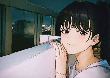 Rule 34 | 1girl, absurdres, black hair, blush, brown eyes, city lights, closed mouth, commentary request, highres, long hair, looking at viewer, night, original, outdoors, ponta (matsuokazieg), ponytail, shirt, smile, solo, upper body, white shirt, wristband