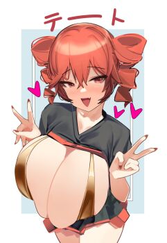 1girl bikini blush breasts breasts_out cleavage commentary double_v drill_hair english_commentary fang gold_bikini heart highres huge_breasts kasane_teto looking_at_viewer open_mouth red_eyes red_hair red_nails skin_fang skindentation solo swimsuit triangle_mouth twin_drills utau v yuyu190