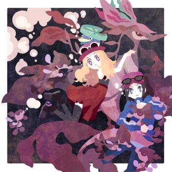 1boy 1girl air_bubble black-framed_eyewear black_boots black_hair blonde_hair blue_eyes blue_pants boots border bright_pupils bubble calem_(pokemon) closed_eyes commentary_request dragalge eyelashes eyewear_on_head gen_3_pokemon gen_6_pokemon grey_shirt grey_thighhighs hat kuroihato long_hair lotad nintendo no_lineart open_mouth pants pokemon pokemon_(creature) pokemon_xy purple_eyes red_hat red_skirt serena_(pokemon) shirt short_hair skirt skrelp sunglasses thighhighs underwater white-framed_eyewear white_border white_pupils