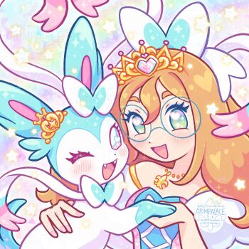 1girl alternate_color aqua_eyes artist_self-insert atom_palace blonde_hair blush bow commentary dress english_commentary gen_6_pokemon glasses heart heart_in_eye highres holding_hands long_hair nintendo one_eye_closed original pink_eyes pokemon pokemon_(creature) ribbon round_eyewear shiny_pokemon smile sylveon symbol_in_eye tiara watermark yume_kawaii