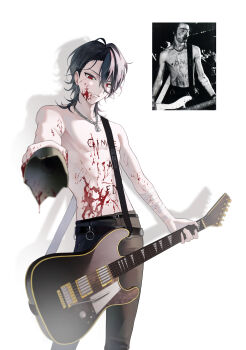 1boy :d absurdres bandaid bandaid_on_arm belt black_hair black_pants blood blood_on_arm blood_on_body blood_on_face body_writing bottle broken_bottle chain chain_necklace cowboy_shot crazy_eyes earrings electric_guitar ensemble_stars! guitar guitar_strap hair_between_eyes hair_slicked_back hashtag-only_commentary highres holding holding_bottle holding_guitar holding_instrument instrument jewelry lock looking_at_viewer male_focus medium_hair messy_hair necklace o-ring o-ring_belt open_mouth pants photo-referenced red_eyes reference_inset sakuma_rei_(ensemble_stars!) sid_vicious smile solo strap stud_earrings white_background xanaxsleep