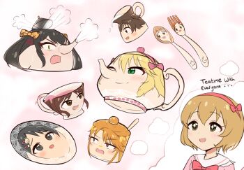 +_+ akagi_miria anger_vein angry black_eyes black_hair blonde_hair bow bowtie brown_eyes brown_hair commentary constricted_pupils creamer_(vessel) cup dress english_commentary english_text fang fork green_eyes hair_between_eyes hairband highres honeypot ichihara_nina idolmaster idolmaster_cinderella_girls idolmaster_cinderella_girls_u149 imagining kettle koga_koharu matoba_risa objectification one_eye_closed open_mouth orange_hair pink_background pink_bow pink_bowtie pink_dress pink_hairband psycho_orb ryuzaki_kaoru sakurai_momoka sasaki_chie saucer short_hair smile sparkling_eyes spoon steam tachibana_arisu teacup teapot upper_body what yuuki_haru