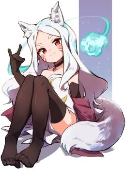 1girl animal_ear_fluff animal_ears black_choker black_gloves black_thighhighs choker closed_mouth collarbone commission dress elbow_gloves facial_mark feet flat_chest fox_ears fox_girl fox_shadow_puppet fox_tail full_body gloves hand_up jamir long_hair no_shoes parted_bangs pelvic_curtain petite red_eyes red_shawl sewayaki_kitsune_no_senko-san shawl shiro_(sewayaki_kitsune_no_senko-san) sitting skeb_commission smile solo strapless strapless_dress tail thighhighs very_long_hair whisker_markings white_dress white_hair