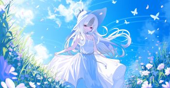 1girl absurdres bare_shoulders blue_archive blue_sky choker comiket_107 demon_girl dress field flower flower_field halo hat highres kayoko_(blue_archive) long_hair megumi_kei multicolored_hair red_eyes scenery sky sun_hat sundress