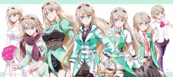 6+girls age_progression age_regression aged_down aramis_high_school_uniform artist_name ascot bag bare_shoulders black_gloves border bouquet braid breasts bridal_veil bride brown_hair closed_mouth coat crown_braid double-parted_bangs dress dress_shirt earrings eiyuu_densetsu elaine_auclair elbow_gloves floating_clothes floating_hair flower full_body gloves green_border green_eyes hair_between_eyes hand_on_own_hip handbag highres holding holding_bouquet jacket jewelry kai_no_kiseki kuro_no_kiseki kuro_no_kiseki_(series) kuro_no_kiseki_i kuro_no_kiseki_ii long_hair long_sleeves looking_at_viewer medium_breasts multiple_girls necktie open_clothes open_jacket open_mouth over-kneehighs parted_bangs pendant_choker pink_flower pink_rose plaid_clothes plaid_scarf puffy_long_sleeves puffy_sleeves purple_scarf red_ascot red_necktie rose sailor_collar scarf school_uniform shirt shoes short_sleeves shorts simple_background single_braid single_glove skirt smile sneakers socks strapless strapless_dress sweater swept_bangs thighhighs tie_clip upper_body veil wedding wedding_dress white_background white_dress white_gloves white_sailor_collar xiacheng_tatsuya