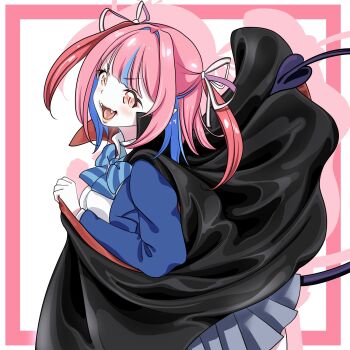 1girl black_cape blue_bow blue_jacket blue_streaks bow cape colored_inner_hair commentary_request demon_girl demon_tail dynamic_pose from_side grey_skirt hair_horns hair_ribbon highres jacket kanan-sama_wa_akumade_choroi kanan_(kanan-sama) multicolored_hair open_mouth pink_hair pleated_skirt ribbon school_uniform sharp_teeth shirt simple_background skirt slit_pupils streaked_hair tail teeth twintails two-tone_hair v-shaped_eyebrows vampire_costume white_shirt yozora