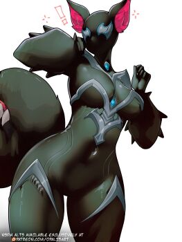 ! 1girl animal_ears arm_spikes black_bodysuit bodysuit breasts highres large_tail marvel marvel_rivals mask official_alternate_costume opalis sharp_teeth simple_background solo squirrel_ears squirrel_girl squirrel_girl_(marvel) squirrel_girl_(symbiote_squirrel)_(marvel) squirrel_tail symbiote tail tail_mouth teeth thigh_gap