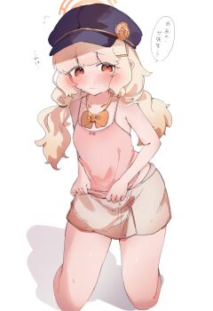 1girl alternate_costume aoba_(blue_archive) blonde_hair blue_archive blue_hat blush bow bowtie breasts camisole fluffy flying_sweatdrops hair_ornament hairclip halo hat japanese_text kneeling loli long_hair looking_at_viewer loose_bowtie low_twintails miniskirt newsboy_cap nitamago_sun orange_bow orange_bowtie peaked_cap pink_camisole red_eyes simple_background skirt sleeveless small_breasts solo sweat sweatdrop thighs twintails white_background white_hair yellow_bow yellow_bowtie yellow_halo