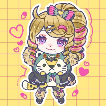 ._. :3 animal_ears animal_print blonde_hair bow chest_bow fishnet_pantyhose fishnets grid_background gyaru hair_bow hair_ornament hairclip heart heart_hair_ornament heartsync highres hug leg_warmers leopard leopard_ears leopard_print leopard_tail lifelines(siena_olena) maineko1221 mole mole_under_mouth multicolored_hair pantyhose pearl_hair_ornament pink_hair purple_eyes siena_olena tail two-tone_hair virtual_youtuber yellow_background