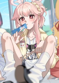 Rule 34 | 3girls, black shoes, blue archive, blush, bright pupils, drinking, drumsticks, halo, highres, holding, holding drumsticks, ito (ito577), kazusa (band) (blue archive), kazusa (blue archive), leg warmers, legs, long hair, long sidelocks, multiple girls, natsu (band) (blue archive), natsu (blue archive), official alternate costume, official alternate hairstyle, open clothes, pink hair, pink halo, red eyes, shirt, shoes, sidelocks, sitting, solo focus, t-shirt, white leg warmers, white pupils, white shirt, yoshimi (band) (blue archive), yoshimi (blue archive)