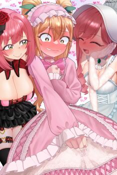 3girls :d ^_^ absurdres alternate_costume artist_name black_skirt black_thighhighs blonde_hair blush bonnet bow bowtie breasts choker cleavage clenched_hand closed_eyes commentary_request constricted_pupils dress drooling elbow_gloves embarrassed flower frilled_bowtie frilled_choker frilled_dress frilled_hairband frilled_sleeves frilled_thigh_strap frills full-face_blush gloves green_eyes green_ribbon hair_between_eyes hair_flower hair_ornament hair_ribbon hairband hanazono_hahari hanazono_hakari hand_on_own_cheek hand_on_own_chest hand_on_own_face heart heart_background heart_ring_strap highres inda_karane kangara0117 kimi_no_koto_ga_dai_dai_dai_dai_daisuki_na_100-nin_no_kanojo large_breasts lolita_fashion long_hair long_sleeves making-of_available mother_and_daughter multiple_girls open_mouth pink_bow pink_bowtie pink_choker pink_dress pink_hair pink_hairband puffy_long_sleeves puffy_sleeves raised_inner_eyebrows ribbon saliva skirt smile sweet_lolita thigh_gap thigh_strap thighhighs tongue tongue_out twintails twitter_username white_dress white_gloves yellow_eyes