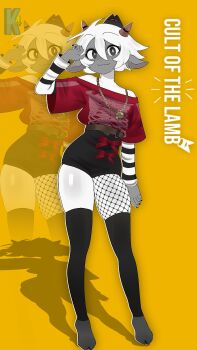 1other :3 androgynous animal_ears bell belt_around_waist black_eyes black_nails black_thighhighs bright_pupils colored_skin commentary crown cult_of_the_lamb english_commentary full_body furry goat goat_ears goat_horns grey_skin hair_between_eyes hand_up high-waist_shorts highres hooves horns jewelry kittem4 layered_shirt long_sleeves multicolored_skin neck_bell necklace off-shoulder_shirt off_shoulder shadow sheep sheep_ears shiny_skin shirt short_hair shorts single_fishnet_legwear smile the_lamb_(cult_of_the_lamb) thighhighs thighs two-tone_skin white_hair white_pupils white_skin wool yellow_background zoom_layer