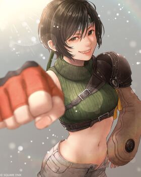 1girl armor artist_request blurry blurry_foreground bokeh breasts brown_eyes brown_hair brown_shorts chest_harness commentary copyright_notice cowboy_shot cropped_sweater depth_of_field eyelashes final_fantasy final_fantasy_vii final_fantasy_vii_rebirth final_fantasy_vii_remake fingerless_gloves forehead_protector foreshortening gloves green_headband green_sweater grey_background grin hand_on_own_hip harness headband highres light_particles lips medium_breasts midriff navel official_art open_clothes open_fly open_shorts orange_gloves parted_lips pauldrons pink_lips ribbed_sweater short_hair short_shorts shorts shoulder_armor single_bare_shoulder single_pauldron sleeveless sleeveless_sweater sleeveless_turtleneck smile solo sweater swept_bangs toned toned_female turtleneck yuffie_kisaragi