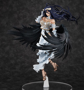1girl ahoge albedo_(overlord) angel_wings arm_at_side bare_arms bare_hips bare_shoulders black_background black_feathers black_hair black_wings breasts cleavage closed_mouth clothes_lift clothing_cutout collar curled_horns curvy demon_girl demon_horns demon_wings detached_collar double-parted_bangs dress dress_lift feathered_wings feathers figure_(medium) floating_hair frilled_dress frills full_body gem gloves gold_necklace gold_trim green_gemstone hair_between_eyes hair_floating_upwards hair_lift hand_in_own_hair hand_up head_tilt high_collar high_heels hip_vent horns jewelry large_breasts layered_dress long_bangs long_dress long_hair long_hair_between_eyes long_horns long_sidelocks looking_at_viewer low_horns low_wings mature_female necklace no_ears nose off-shoulder_dress off_shoulder overlord_(maruyama) pale_skin photo_(medium) pink_lips raised_eyebrows sideboob sidelocks simple_background sleeveless sleeveless_dress slit_pupils smile solo spider_web_necklace standing straight_hair tall_female thick_thighs thighs very_long_hair white_background white_collar white_dress white_gloves white_gown white_horns wings yellow_eyes