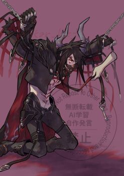 Rule 34 | 1boy, 1other, asymmetrical horns, black boots, black gloves, black hair, black jacket, black mask, black pantyhose, blood, blood on face, boots, chained wrists, chest markings, clawed gauntlets, clothes grab, commentary request, cropped jacket, demon horns, disembodied hand, final fantasy, final fantasy vii, final fantasy vii: ever crisis, foot out of frame, furrowed brow, gloves, highres, horns, jacket, kneeling, male focus, mask, microphone, mouth mask, neckwear grab, official alternate costume, pantyhose, purple background, red eyes, restrained, star klef, thigh strap, twitter username, vincent valentine, vincent valentine (galian beast mantle)