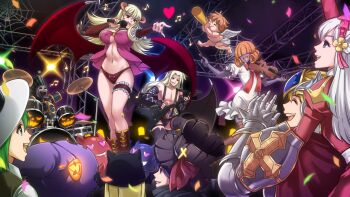 2others 4girls 5boys armor babydoll band_(music) black_panties black_thighhighs black_wings blonde_hair boots bow bow_panties bowtie breastplate breasts brown_footwear brown_headwear brown_sleeves cape cherub clapping cleavage closed_eyes clown_(ragnarok_online) colored_skin commentary confetti cross curly_hair demon_boy demon_girl demon_wings detached_sleeves deviruchi deviruchi_hat dress drum drum_set electric_guitar english_commentary false_angel frilled_thigh_strap full_body gauntlets gibson_flying_v green_hair guitar hair_over_eyes halloween hat heart heart-shaped_eyes high_priest_(ragnarok_online) highres holding holding_instrument holding_microphone holding_violin horns incubus_(ragnarok_online) instrument juliet_sleeves khalitzburg_(ragnarok_online) large_breasts long_hair long_sleeves looking_at_another lord_knight_(ragnarok_online) microphone mini_demon multiple_boys multiple_girls multiple_others music musical_note navel open_mouth panties pauldrons pink_babydoll playing_instrument puffy_sleeves purple_hair purple_headwear purple_skin ragnarok_online red_bow red_bowtie red_cape red_dress red_eyes red_wings riabels short_hair shoulder_armor silk singing skeleton smile spider_web spiked_gauntlets stage succubus_(ragnarok_online) suspenders thigh_strap thighhighs top_hat undead underwear upper_body violin violy white_dress white_hair wings witch_hat