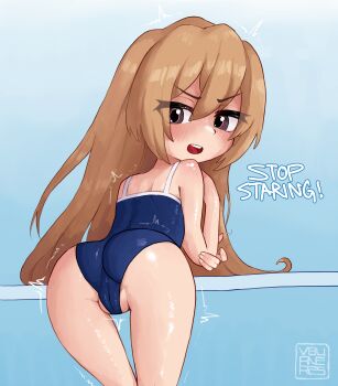 1girl absurdres aisaka_taiga annoyed ass blue_one-piece_swimsuit blue_sky blush brown_hair cameltoe day embarrassed english_text eyelashes feet_out_of_frame female_focus flat_ass from_behind hand_on_own_chest hand_on_own_elbow highres leaning_forward loli long_hair looking_at_viewer looking_back one-piece_swimsuit open_mouth outdoors partially_visible_vulva pool purple_eyes sky solo standing swimsuit toradora! tsundere upper_body variant_set vburner