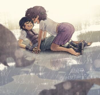 2girls amphibia anne_boonchuy black_hair boots brown_hair closed_eyes dark-skinned_female dark_skin fingerless_gloves gloves grey_shirt highres laserlizard0 leaf long_skirt marcy_wu multiple_girls one_eye_closed open_mouth poodle puddle purple_skirt rain shirt short_hair skirt smile water wet wet_clothes wet_hair wet_shirt wet_skirt yuri